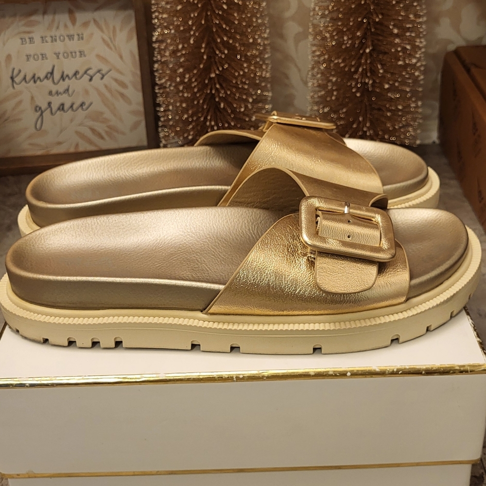 MIA Metallic Gold Slide Sandals - Picture 3 of 8